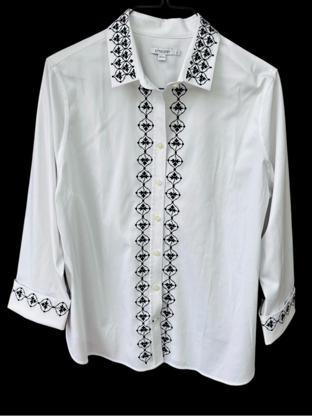 Chicos Size 3 Button down wrinkle free white shirt black embroidery 16 plus BOHO - Picture 6 of 6
